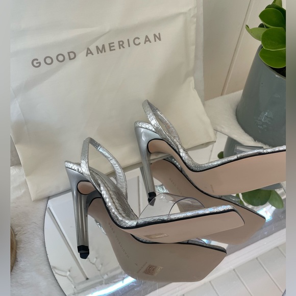 👠 New Good American Open Square Toe Heels Silver Snake Size 4 - Picture 2 of 8